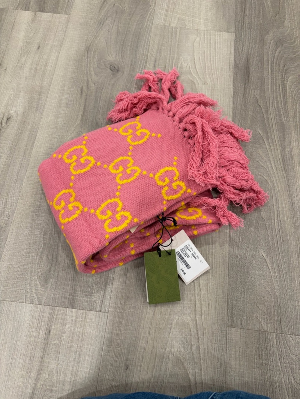 Gucci Pink and Yellow GG Logo Fringe Scarf